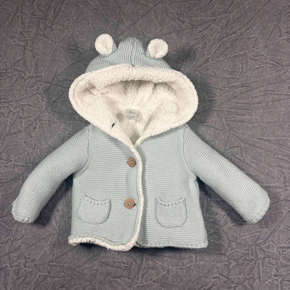 Carters Hooded Sweater Unisex 3M Blue Sherpa Lined Bear Ear Knit Cardigan Jacket